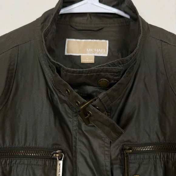Michael Kors Olive Green Waxed Utility Jacket Women XL Pockets Zip Snap Military - Picture 7 of 9